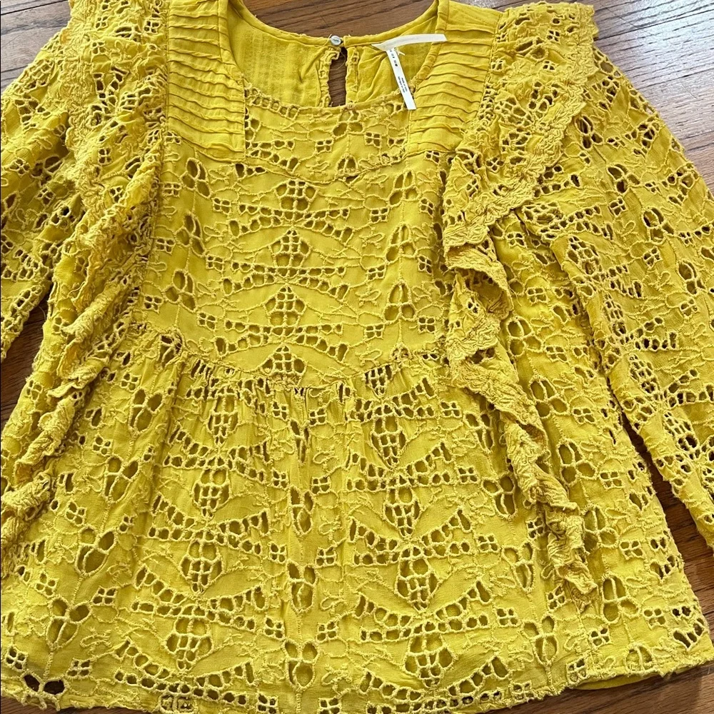 Anthropologie Yellow Lace Ruffle Blouse